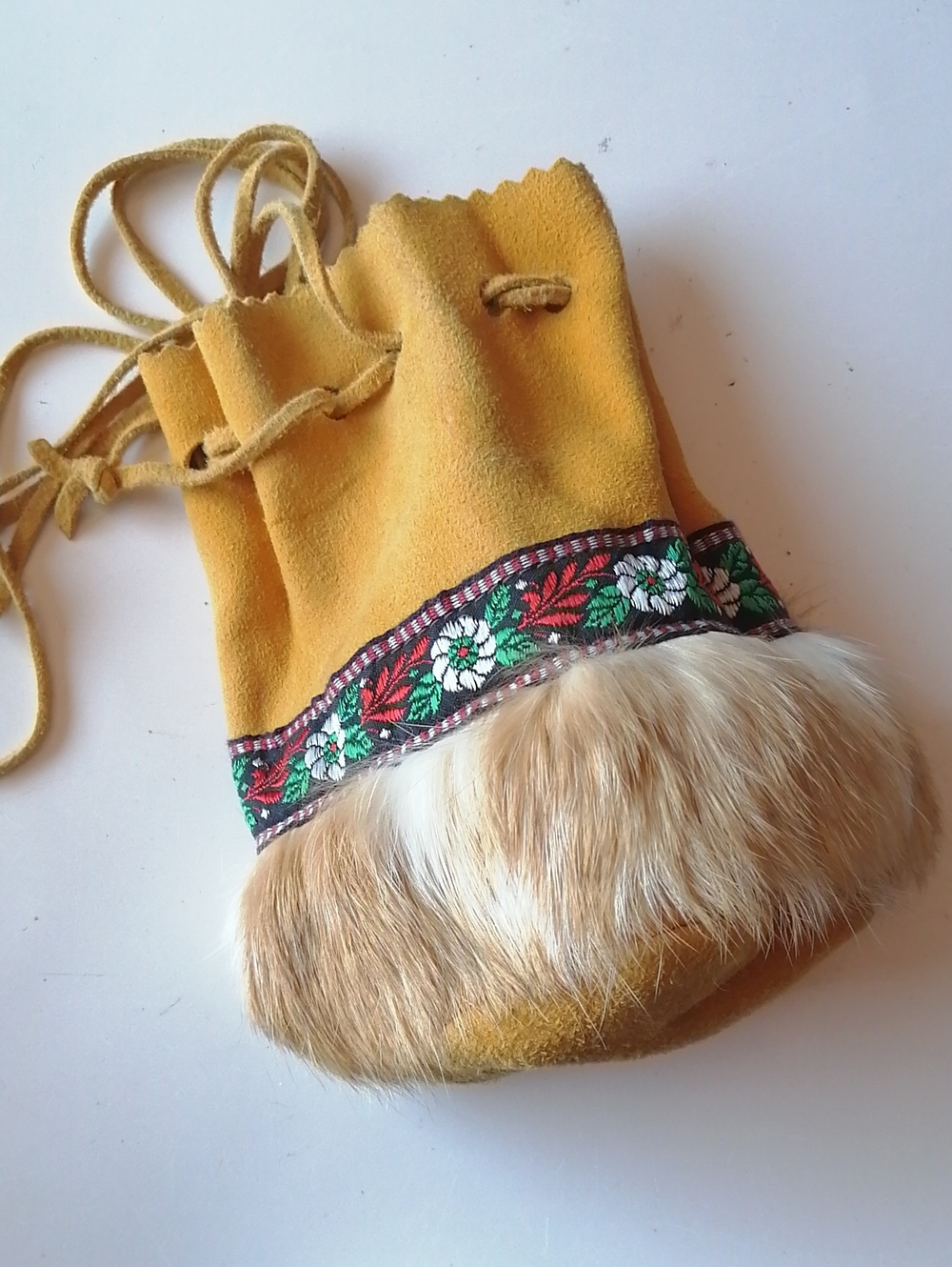 Handcrafted Leather Suede Pouch Traditional Indigenous Floral Ribbon Fur Trim